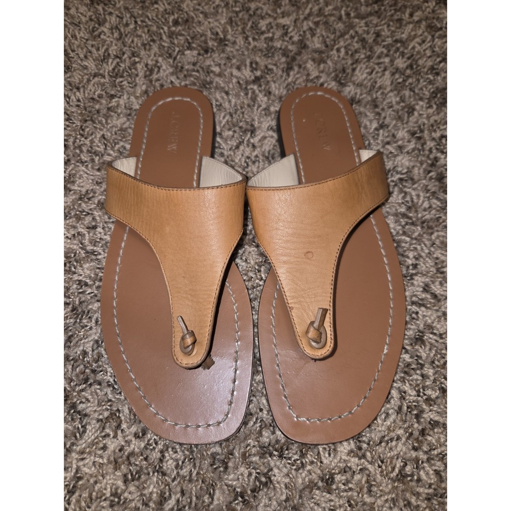 Vintage J. Crew Cyprus Playa Tan Leather Flat Sandal Wide Strap Thong Flip Flop